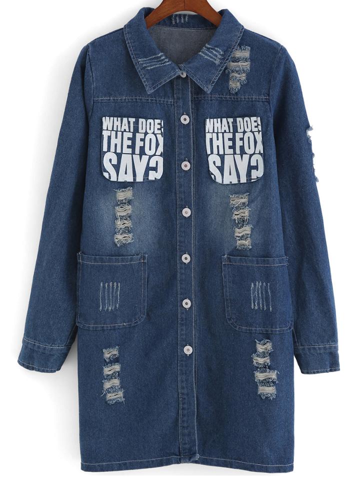 Romwe Lapel Rippped Letter Print Denim Coat