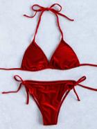 Romwe Red Bow Tie Velvet Triangle Bikini Set