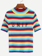 Romwe Color-block Striped Letters Embroidered Sweater