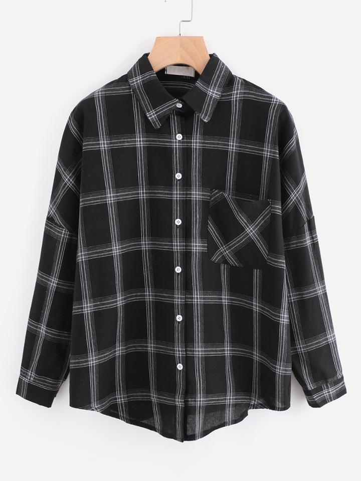 Romwe Dip Hem Chest Pocket Checked Shirt