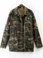 Romwe Army Green Embroidery Front Pocket Camouflage Coat