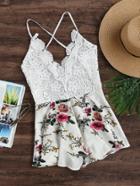 Romwe Floral Print Lace Paneled Criss Cross Backless Romper