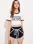 Romwe Letter Print Ringer Crop Tee With Self Tie Shorts