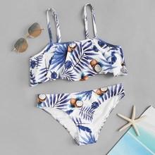 Romwe Random Tropical Flounce Top With Low Rise Bikini
