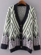 Romwe Green Geometric Pattern Button Up Sweater Coat