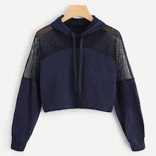 Romwe Contrast Mesh Drawstring Crop Hoodie