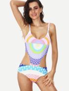 Romwe Multicolor Dot Print Cutout One Piece Swimwear