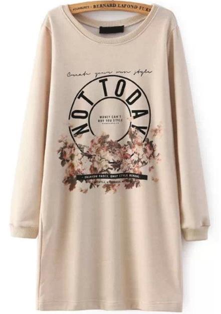 Romwe Khaki Long Sleeve Floral Letters Print Dress