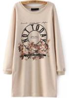 Romwe Khaki Long Sleeve Floral Letters Print Dress