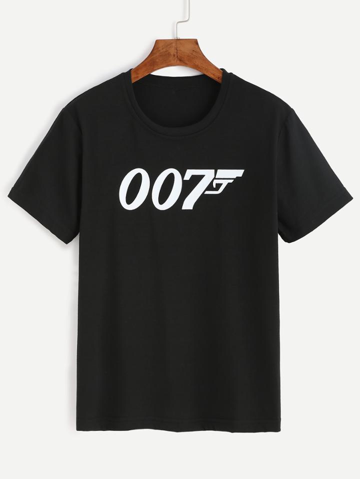 Romwe Black Numbers Print T-shirt
