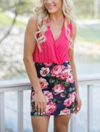 Romwe Contrast Rose Print Double Surplice 2 In 1 Dress
