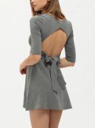 Romwe Grey Scoop Neck Tie-waist Bow Back Half Sleeve Dress