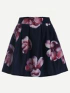 Romwe Flower Print Box Pleated Flare Skirt - Navy