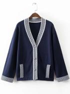 Romwe Navy Wave Pattern Button Up Sweater Coat With Pockets