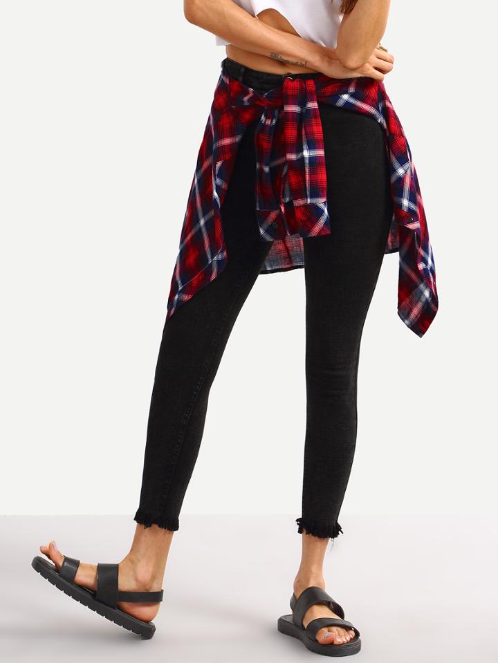 Romwe Frayed Skinny Denim Jeans - Black