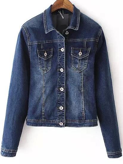 Romwe Lapel Pockets Bleached Denim Coat