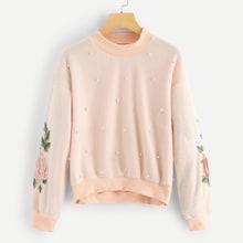 Romwe Faux Pearl Detail Floral Appliques Sweatshirt