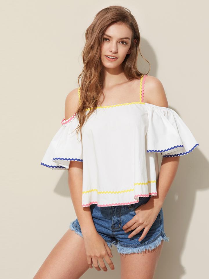 Romwe Wave Tape Detail Bell Sleeve Trapeze Top