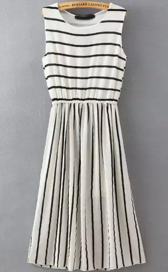 Romwe Round Neck Sleeveless Striped White Dress