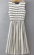 Romwe Round Neck Sleeveless Striped White Dress
