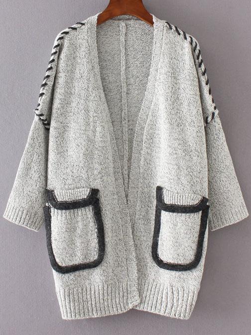 Romwe Light Grey Collarless Drop Shoulder Pocket Cardigan