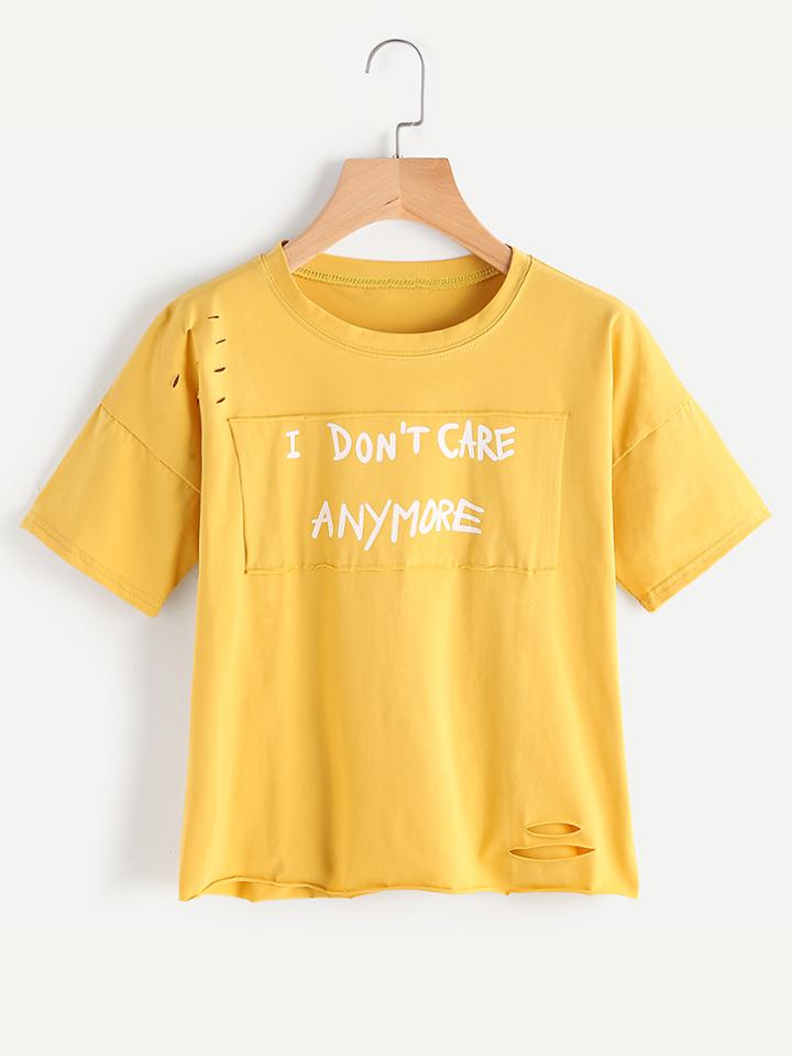 Romwe Slogan Print Raw Hem Ripped Tee