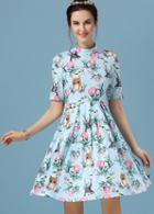 Romwe Stand Collar Half Sleeve Flower Print Dress