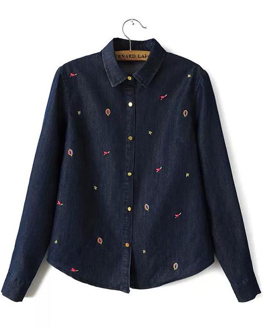 Romwe Navy Long Sleeve Embroidered Denim Blouse