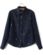 Romwe Navy Long Sleeve Embroidered Denim Blouse