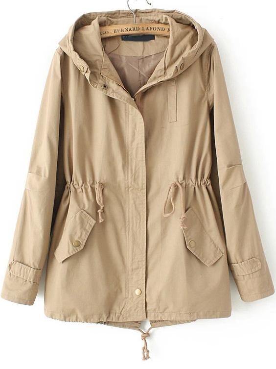 Romwe Khaki Hooded Drawstring Pockets Trench Coat
