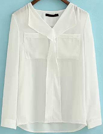 Romwe V Neck Dip Hem With Pockets White Top