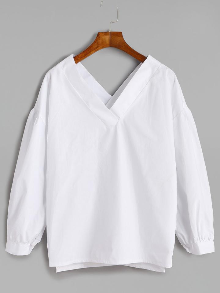Romwe White Double V Neck Drop Shoulder Slit Side Blouse