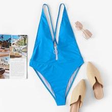 Romwe Backless Criss Cross Zipper Front Swimsuit