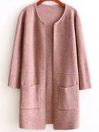 Romwe Brown Collarless Longline Cardigan With Pockets