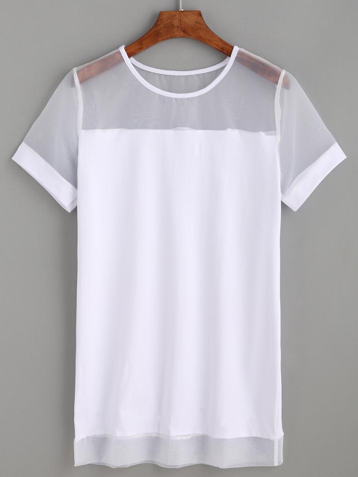 Romwe White Sheer Mesh Panel T-shirt