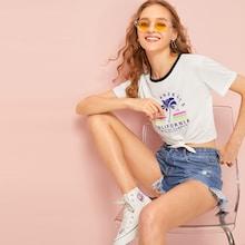 Romwe Plants And Letter Print Knot Hem Ringer Tee