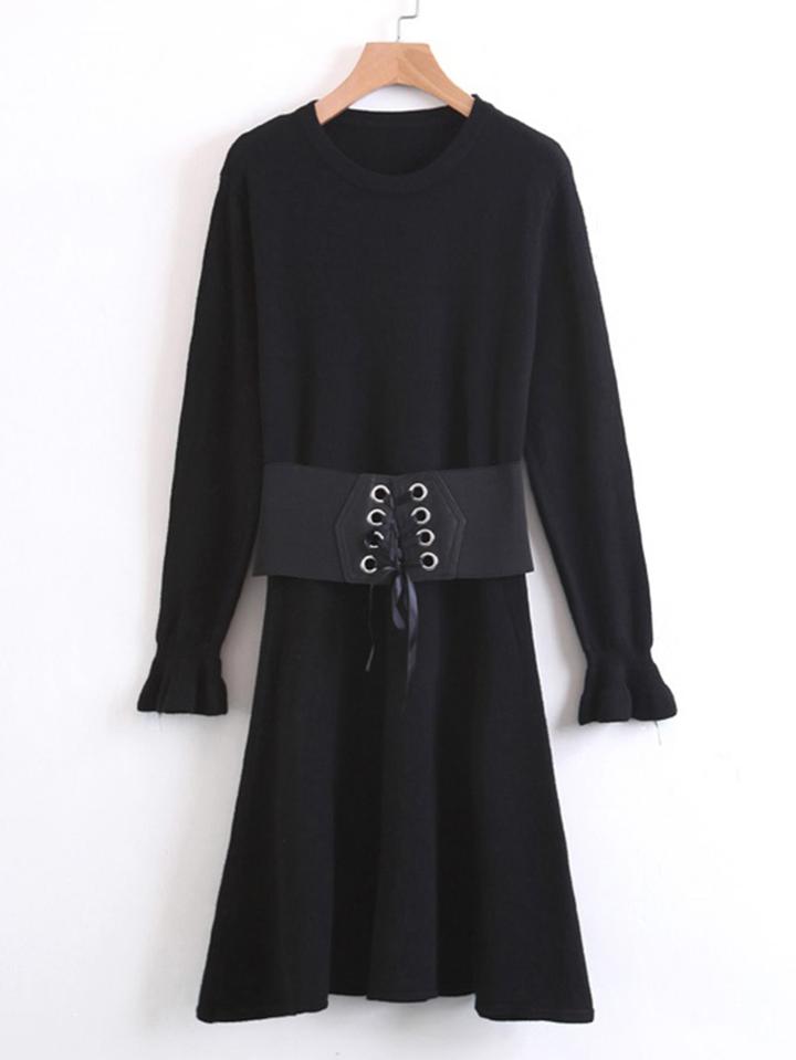 Romwe Fluted Sleeve Sweater Dress With Lace Up Belt