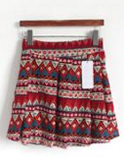 Romwe Tribal Print Pleated Red Skirt