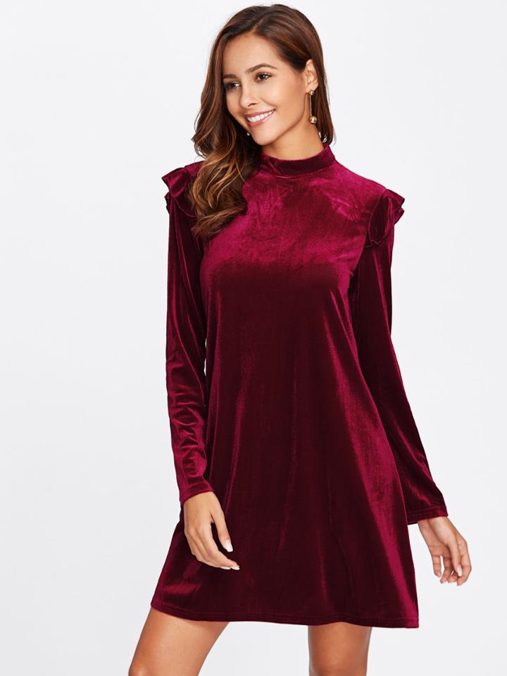 Romwe Mock Neck Frill Detail Velvet Dress