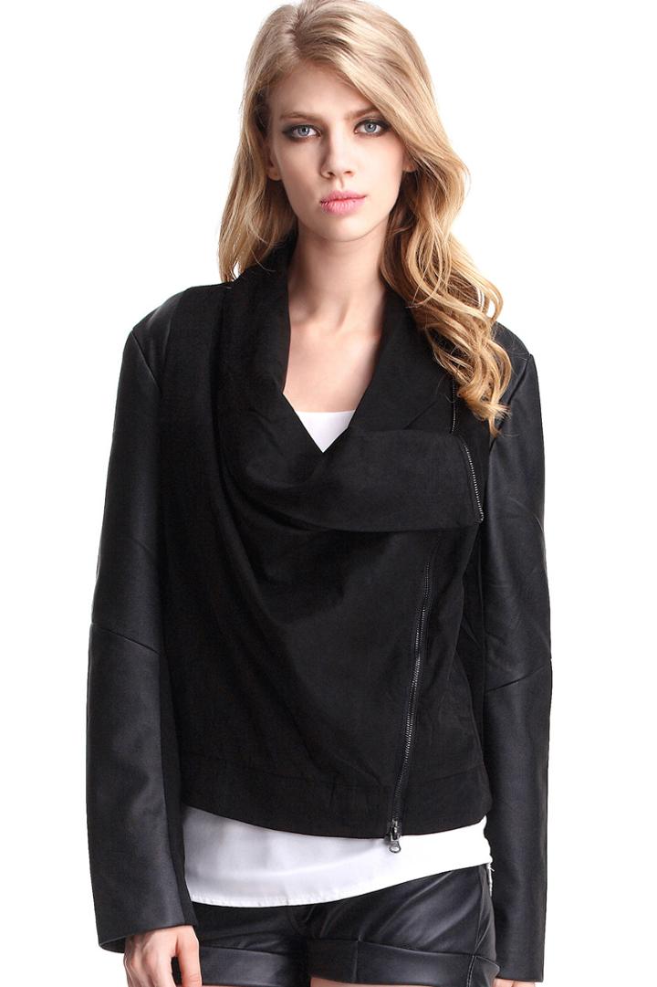 Romwe Pu Panelled Black Peach Skin Coat