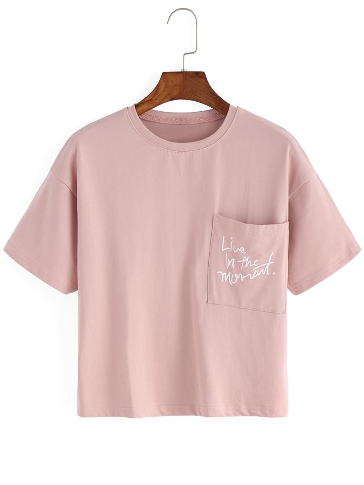 Romwe Pink Crew Neck Pocket Crop T-shirt