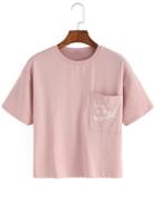 Romwe Pink Crew Neck Pocket Crop T-shirt