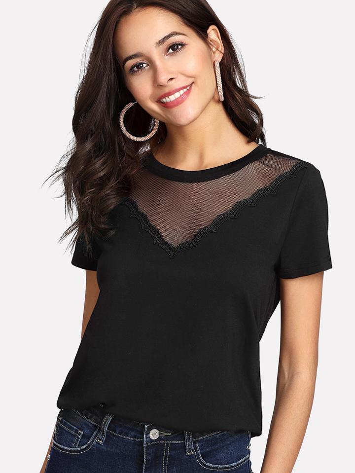 Romwe Mesh V Neck T-shirt