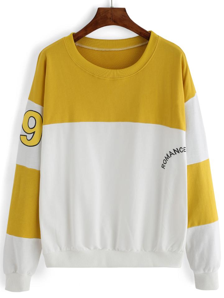 Romwe Color-block Letter Embroidered Sweatshirt