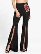 Romwe Embroidered Flower Applique Split Front Flare Pants