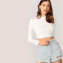 Romwe Mock Neck Solid Crop Top