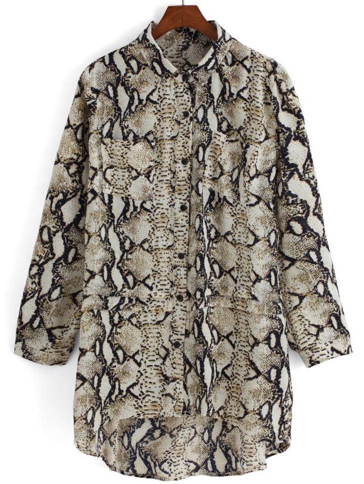 Romwe Lapel Dip Hem Snakeskin Print Blouse