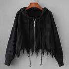 Romwe Frayed Drawstring Detail Hooded Sweater