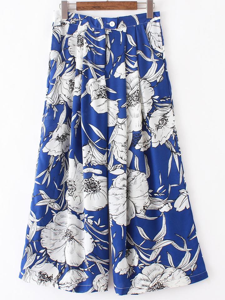 Romwe Royal Blue Floral Pocket Cropped Pants