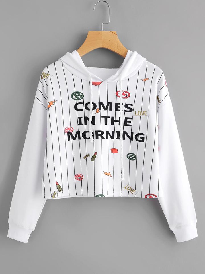 Romwe Slogan Print Striped Drawstring Hoodie
